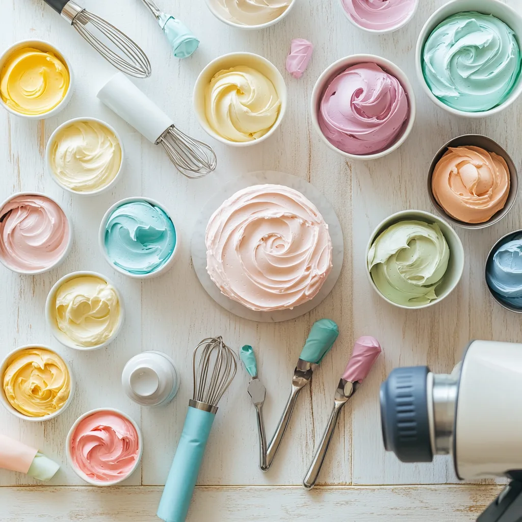 Top-down view of baking supplies including cake layers, frosting, piping bags, and an electric mixer.