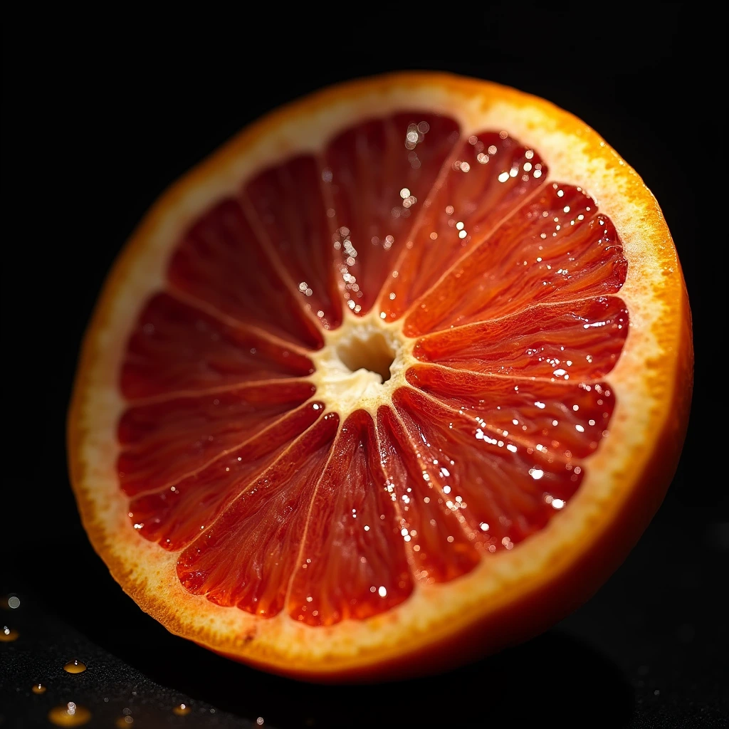 Close-up of halved blood orange with juice droplets, showcasing vibrant red color and fresh texture