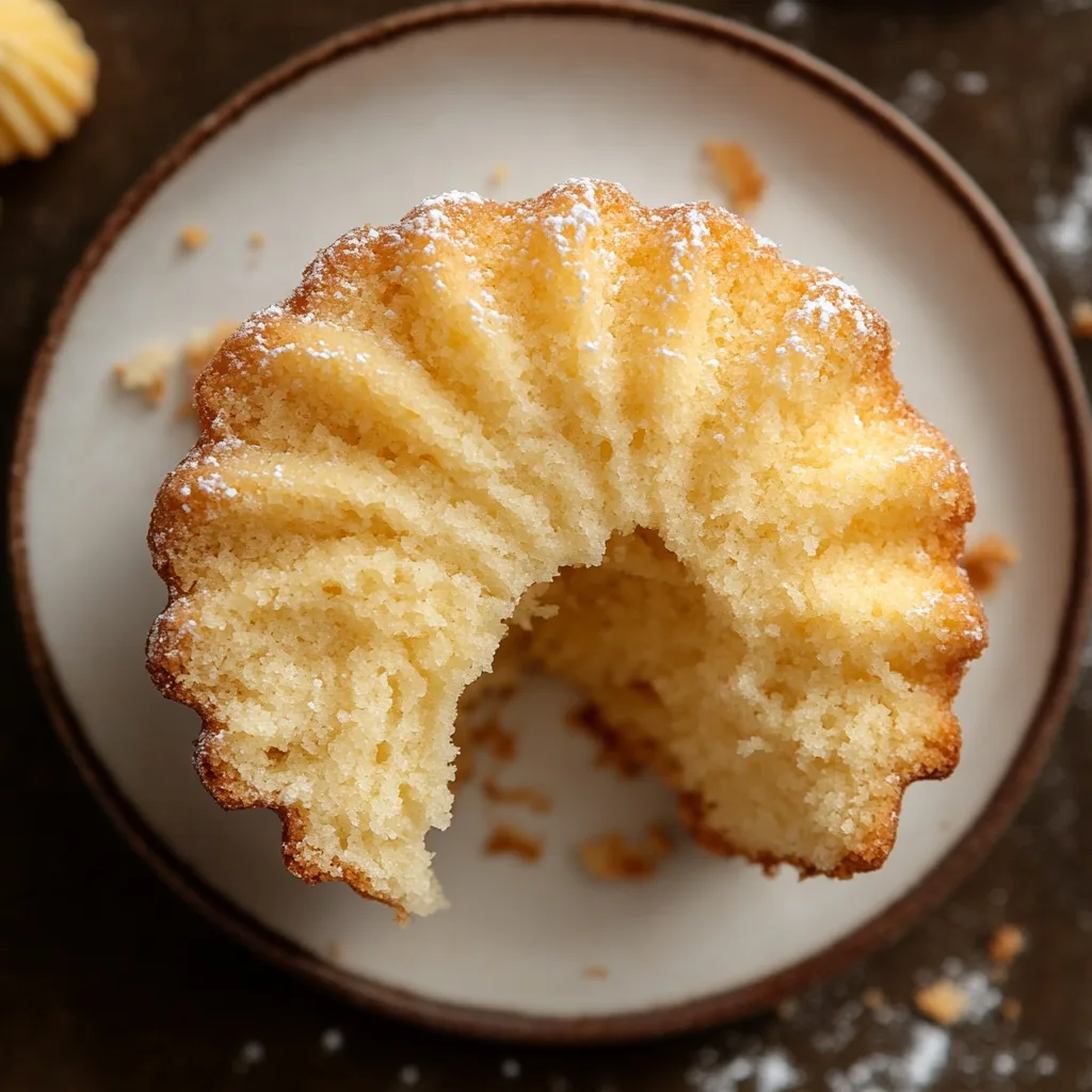 Close-up slice of vanilla cake showing embedded madeleine cookies inside.