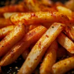 Close-up, high-definition shot of hot fries, showcasing the vibrant red spices and glistening oil.
