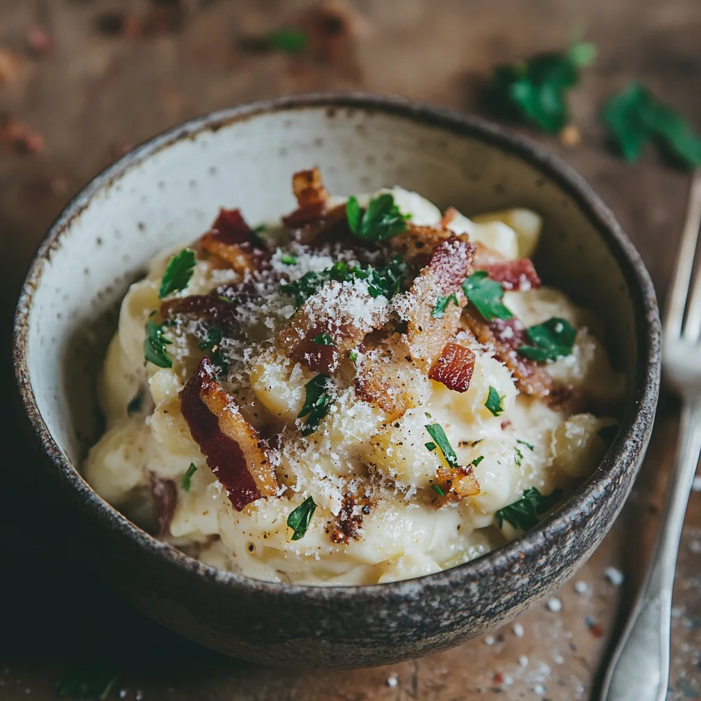 A bowl of mac and cheese with crispy bacon topping.