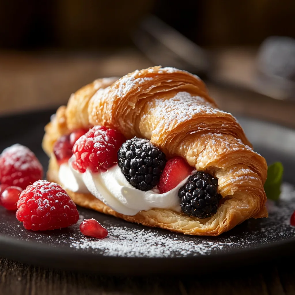 Close-up, diagonal shot of a sweet mini croissant sandwich filled with whipped cream and fresh berries, dusted with powdered sugar, perfect for a dessert or treat.