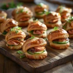 Close-up, eye-level shot of a platter filled with a variety of colorful and delicious mini croissant sandwiches on a wooden board, garnished with herbs, perfect for parties and brunch.