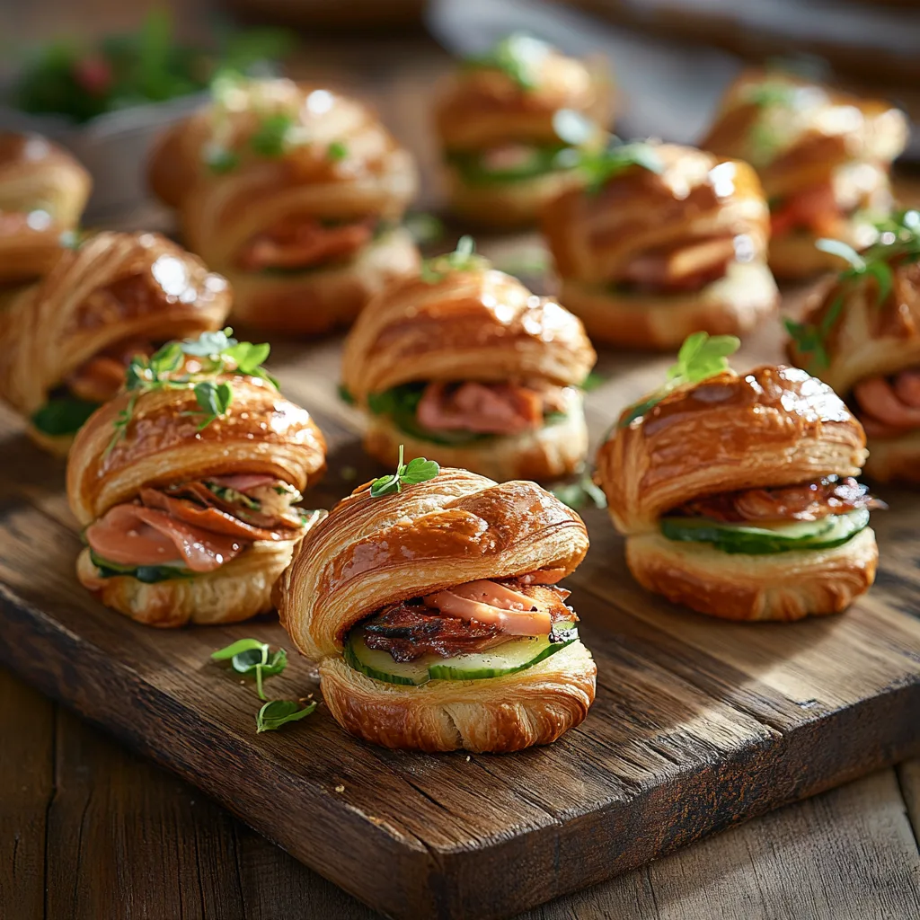 Close-up, eye-level shot of a platter filled with a variety of colorful and delicious mini croissant sandwiches on a wooden board, garnished with herbs, perfect for parties and brunch.