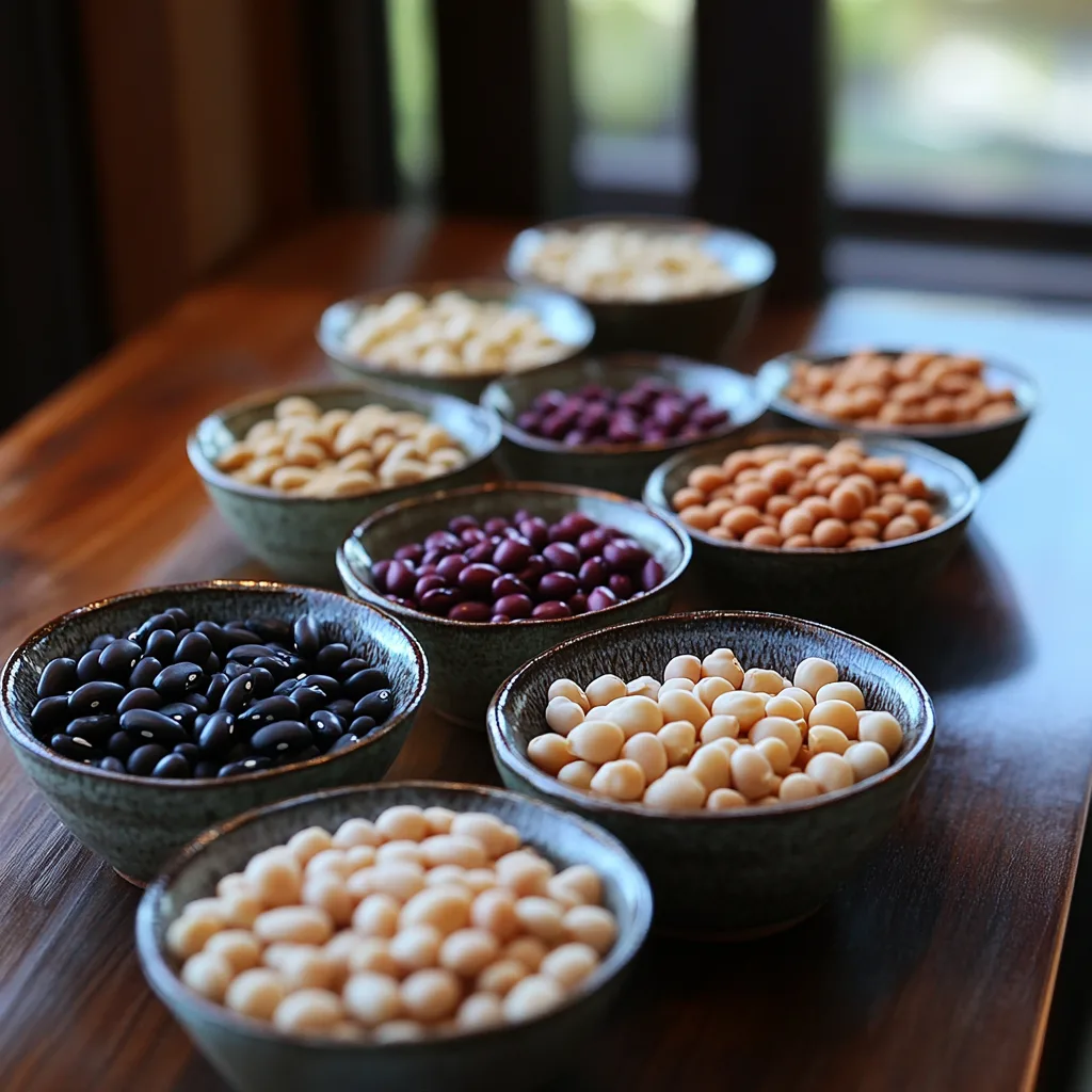 A close-up shot of different types of dried beans, including chickpeas, black beans, kidney beans, cannellini beans, and pinto beans, arranged on a wooden surface with herbs and spices, showcasing their variety and natural beauty.