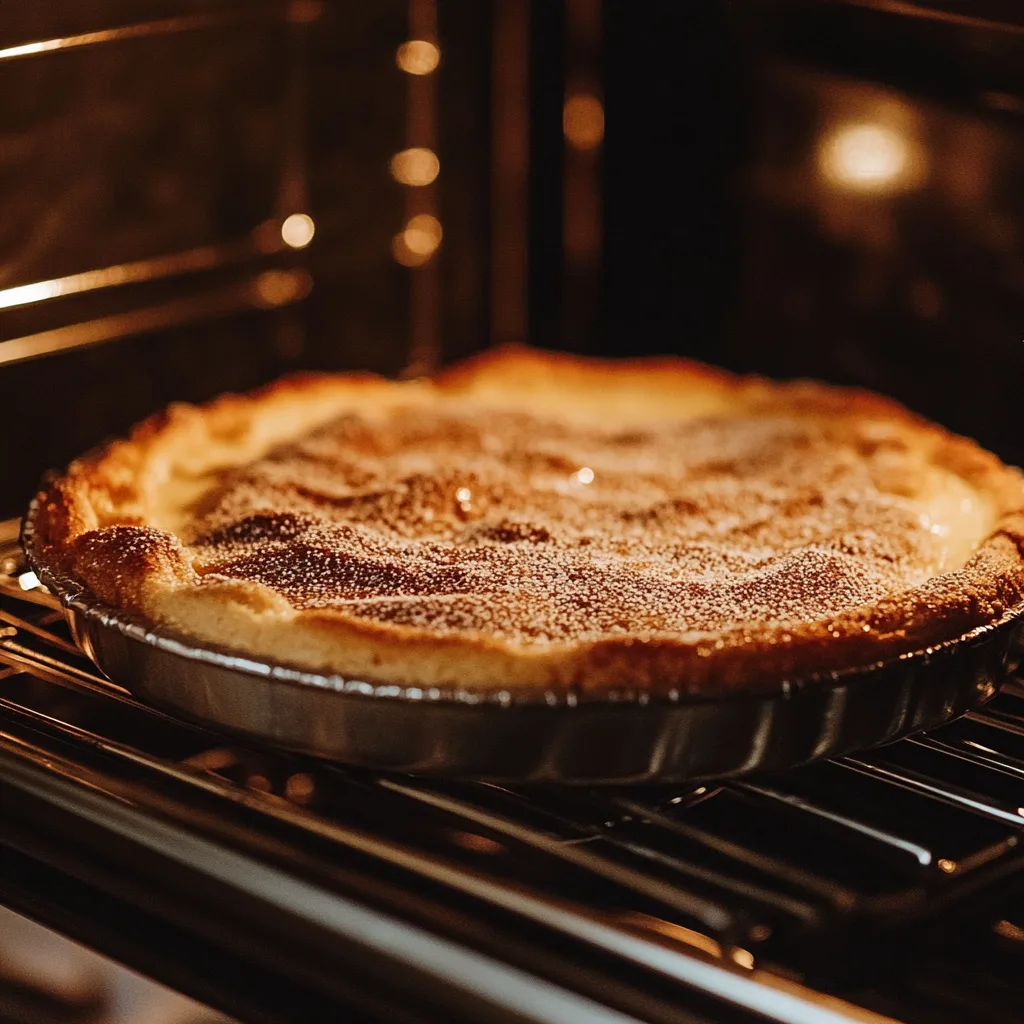 A freshly baked churro cheesecake inside an oven, golden and set with a slight jiggle in the center.