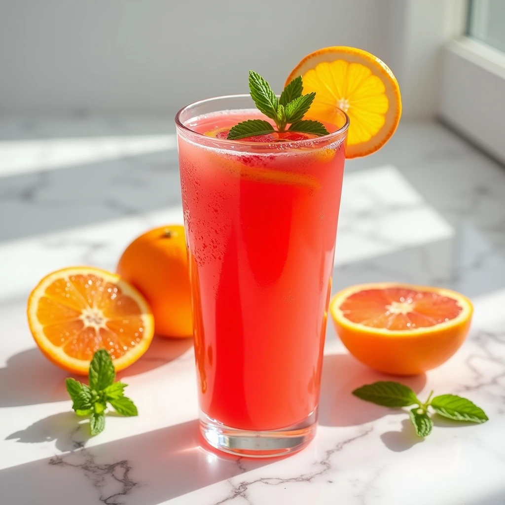 A glass of blood orange juice garnished with orange slices and mint, styled on white marble surface