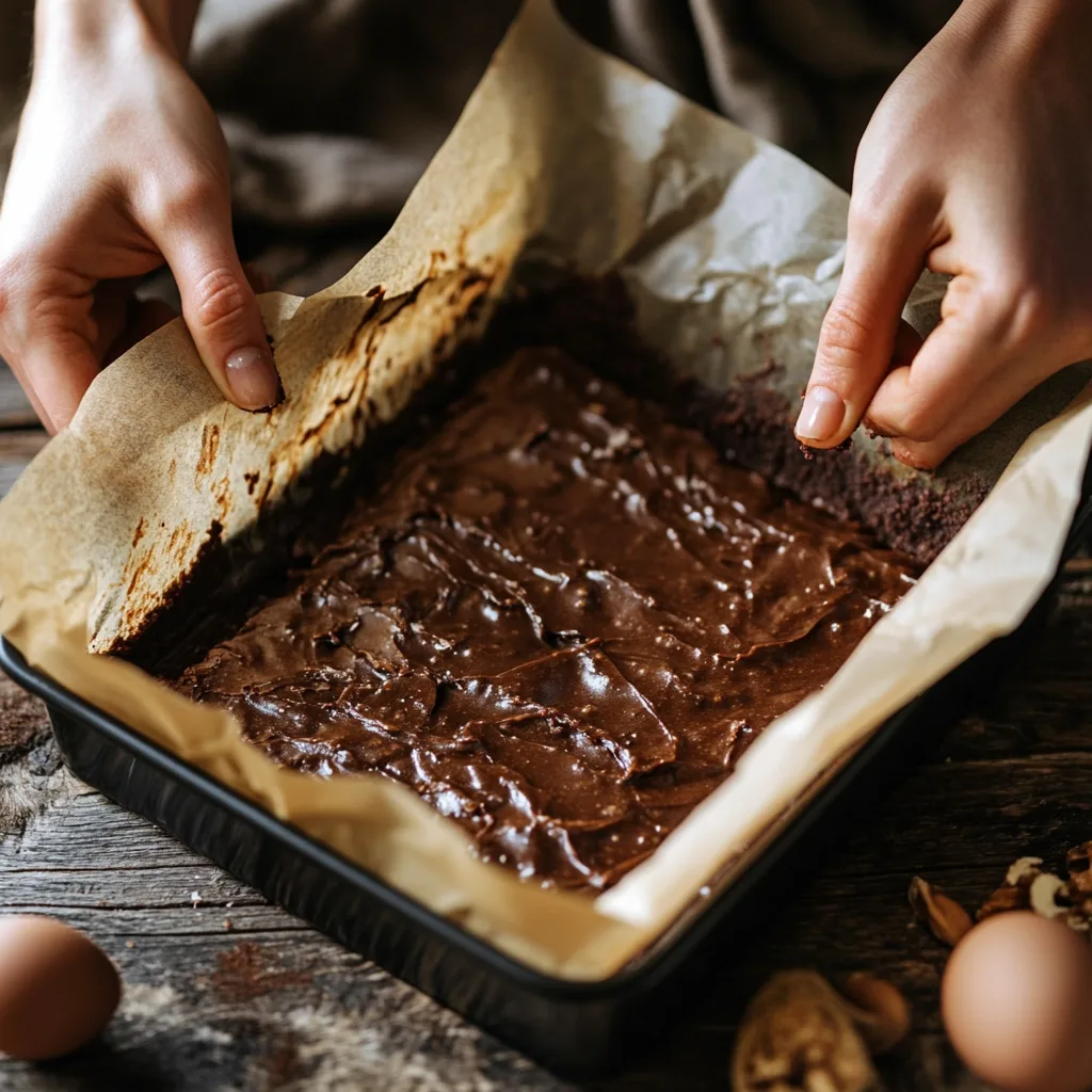 Brownie batter being poured into a baking pan lined with parchment paper.