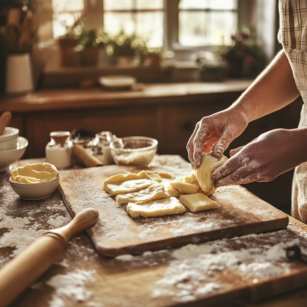 Hands folding dough and butter layers during the lamination process for croissants and gipfeli in a rustic home kitchen