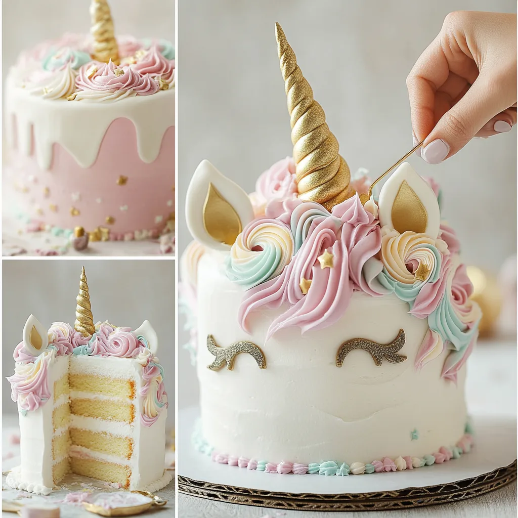 A hand piping a pastel buttercream mane onto a unicorn cake.