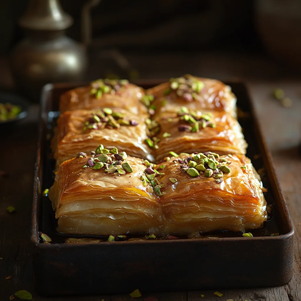 A tray of freshly baked baklava drizzled with honey.