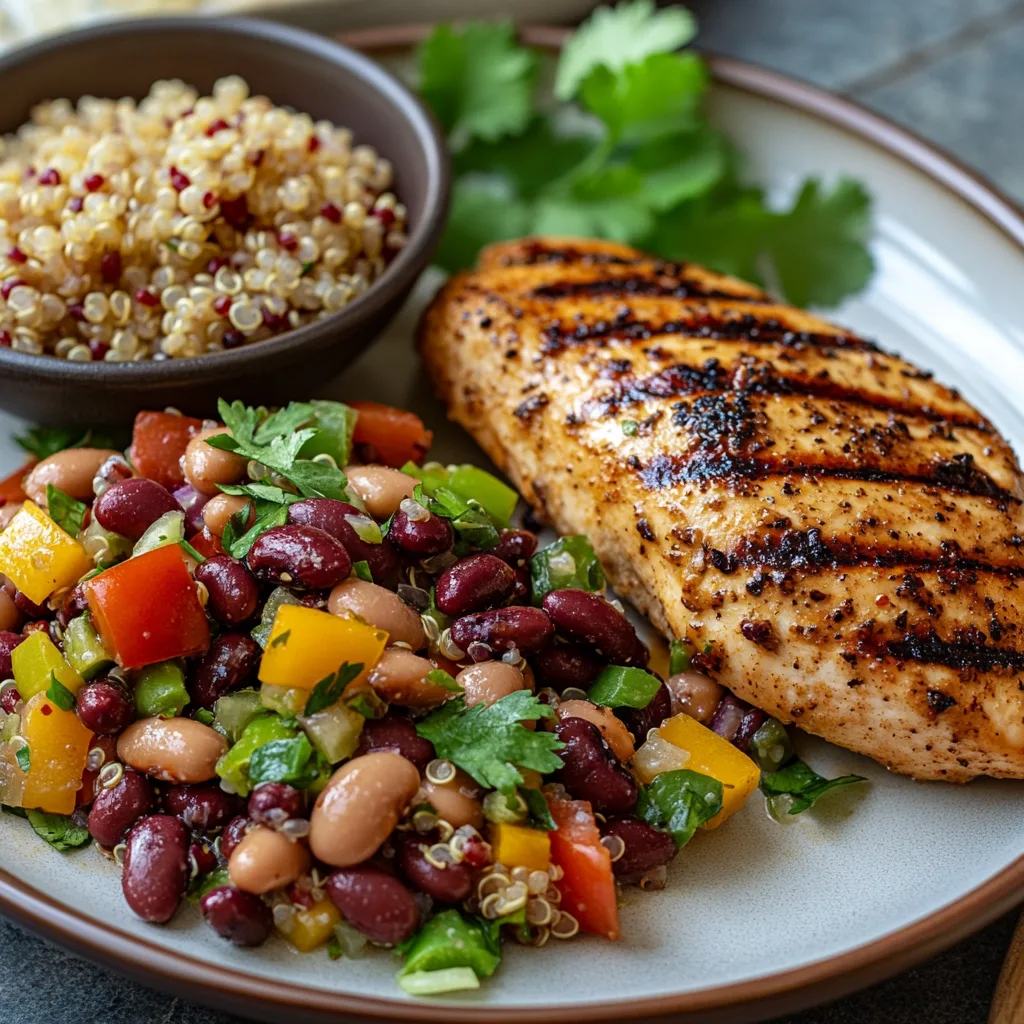 Dense bean salad served alongside grilled chicken and quinoa.