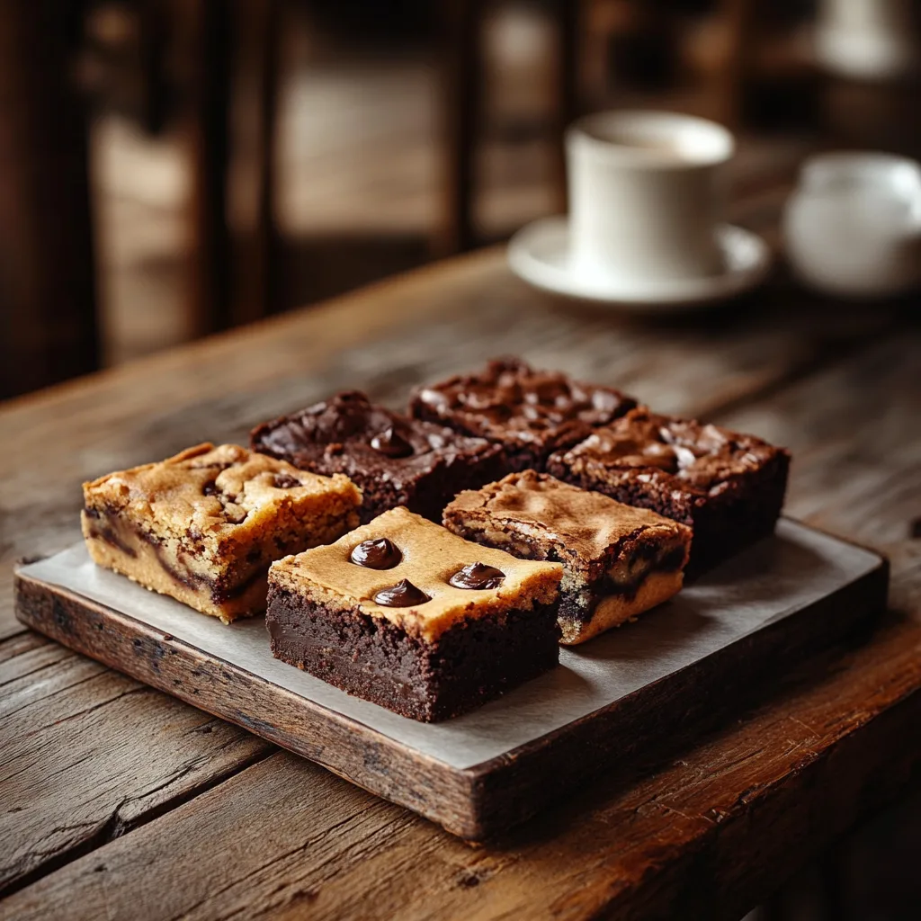 Blondies and brookies displayed side by side on a dessert tray.