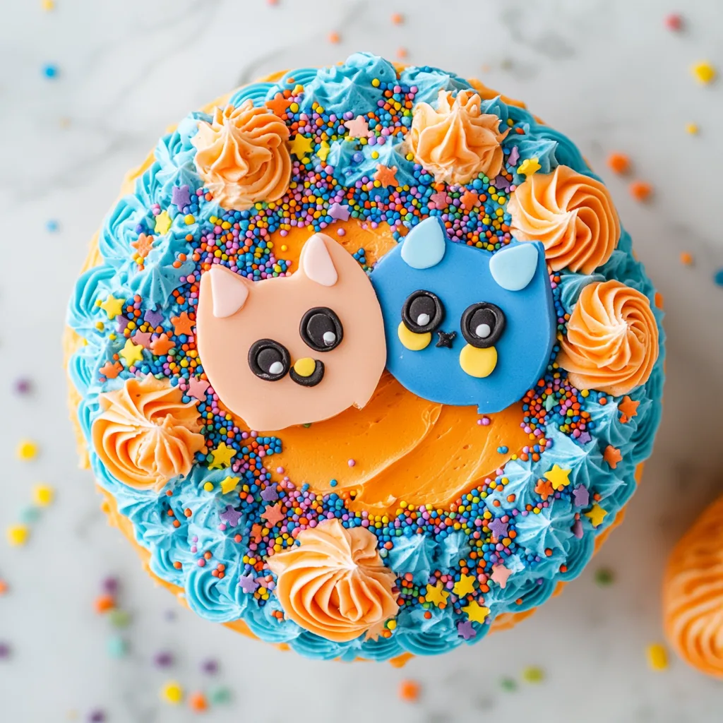 Overhead view of a decorated Bluey birthday cake with Bluey and Bingo edible images and vibrant frosting.