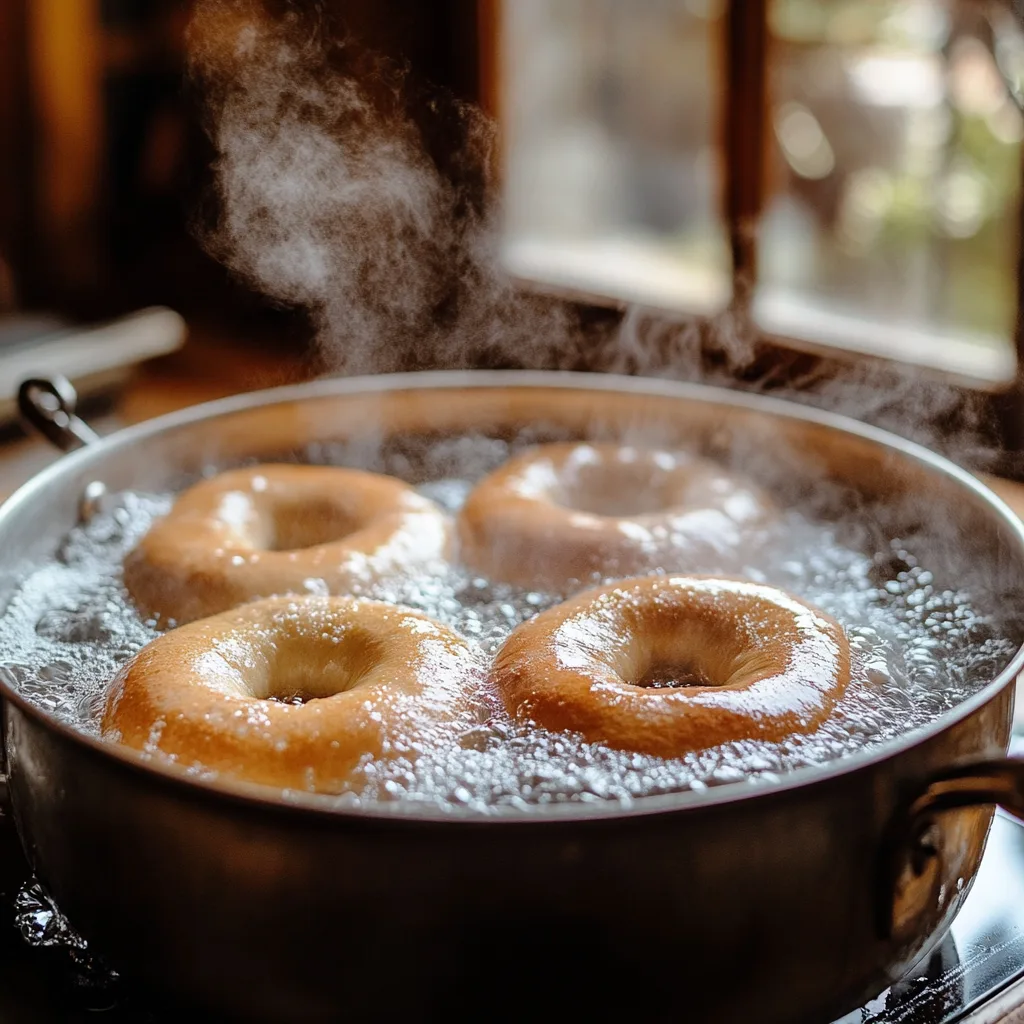 Bagels boiling in a large pot of water.