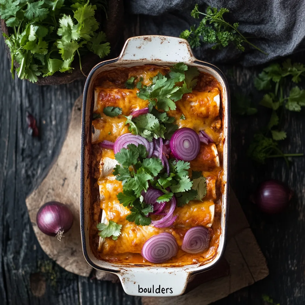 A baking dish filled with cheesy, bubbling Boulders Enchiladas, garnished with cilantro and red onion.