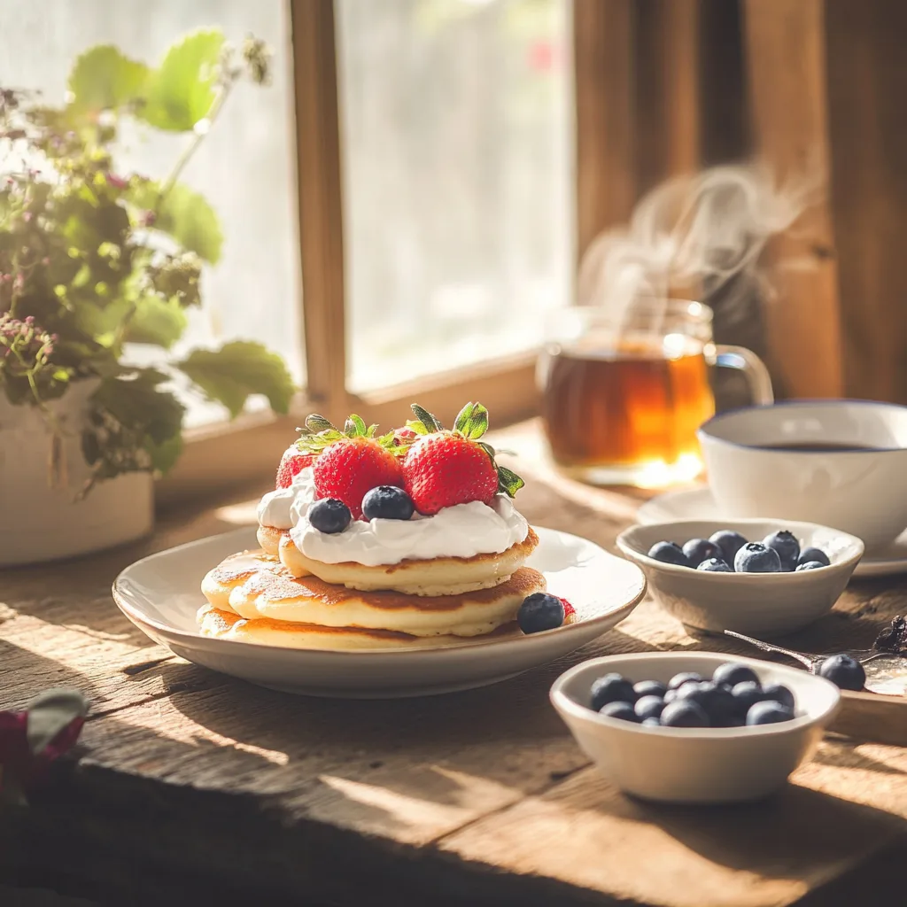 A breakfast spread featuring hotcakes with toppings and a cup of coffee