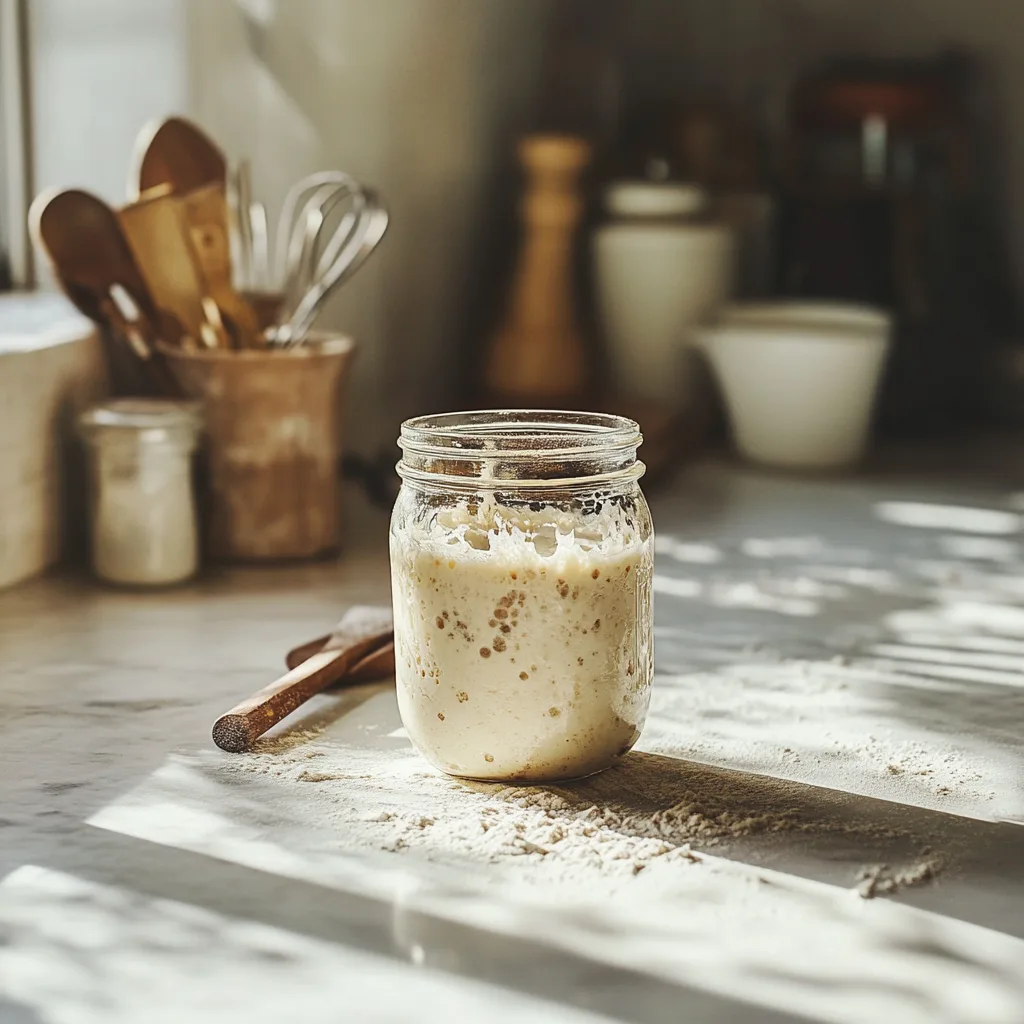 Active sourdough starter in a glass jar with bubbles.