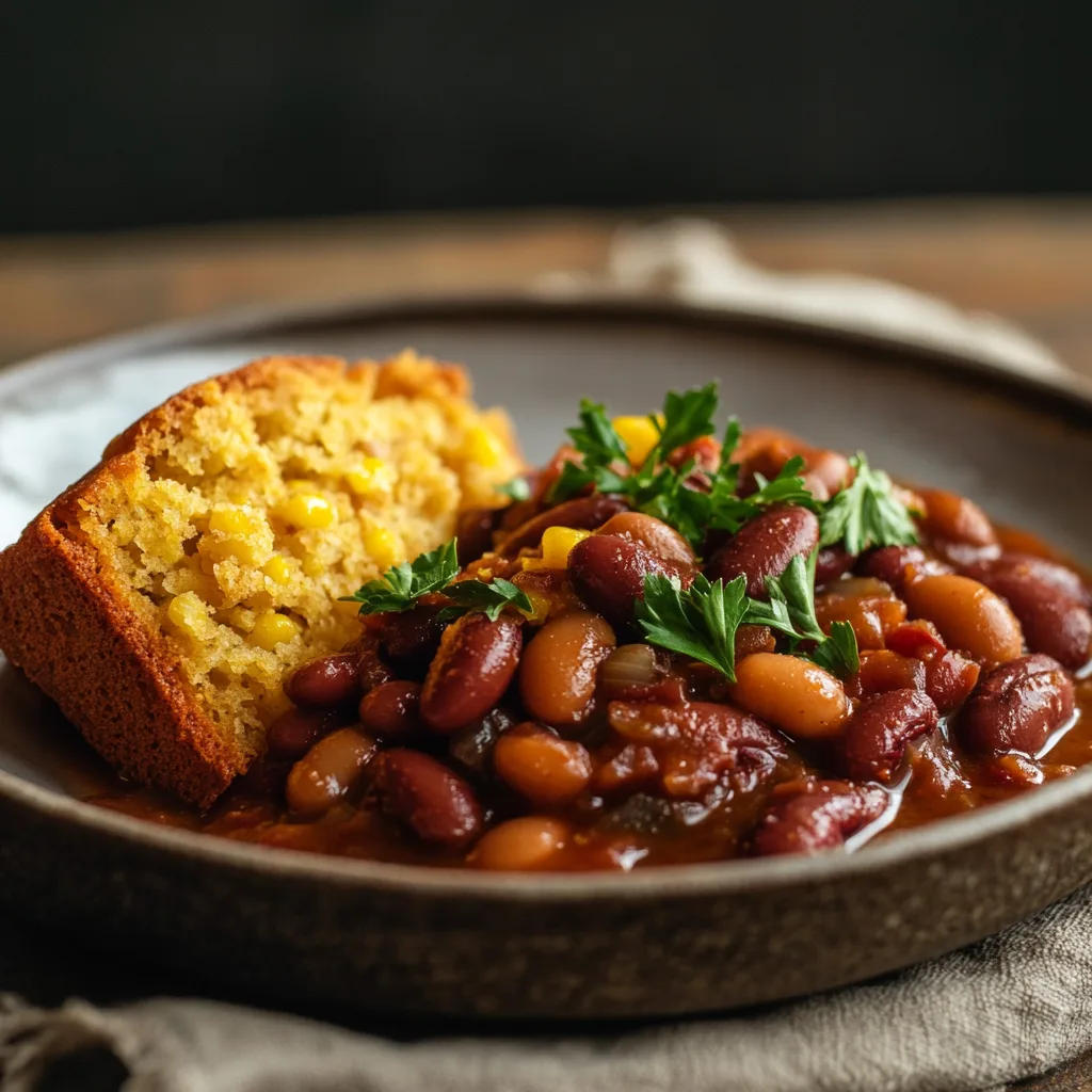 Calico beans served with cornbread.