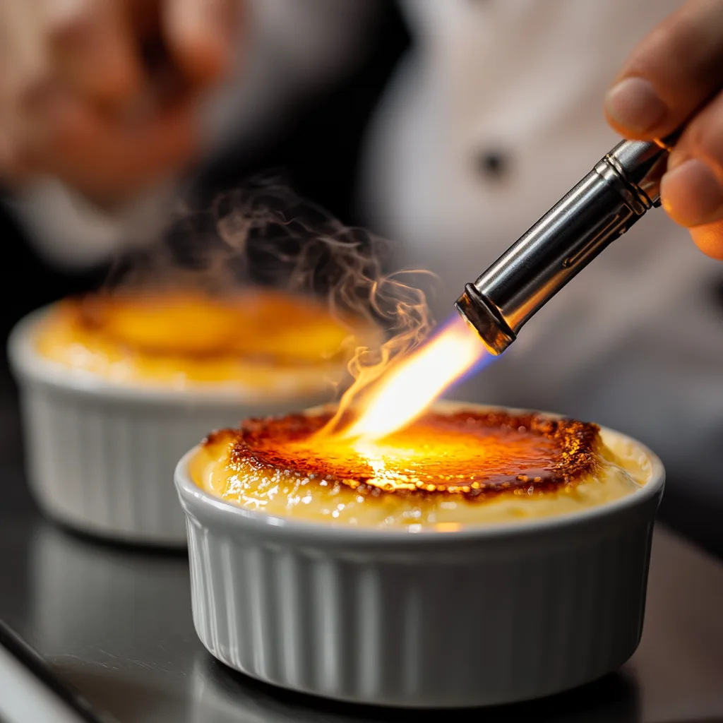 A chef caramelizing the sugar with a blow torch.