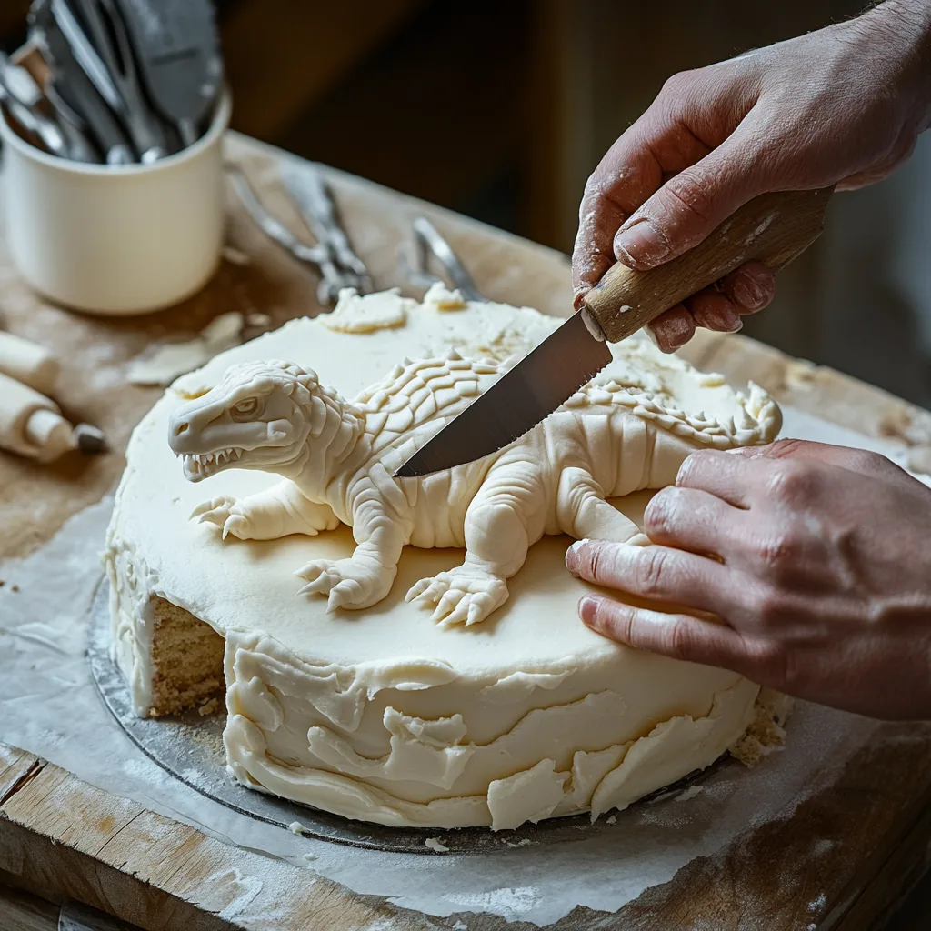 A close-up of a decorated T-Rex dinosaur cake with green frosting scales and candy accents.