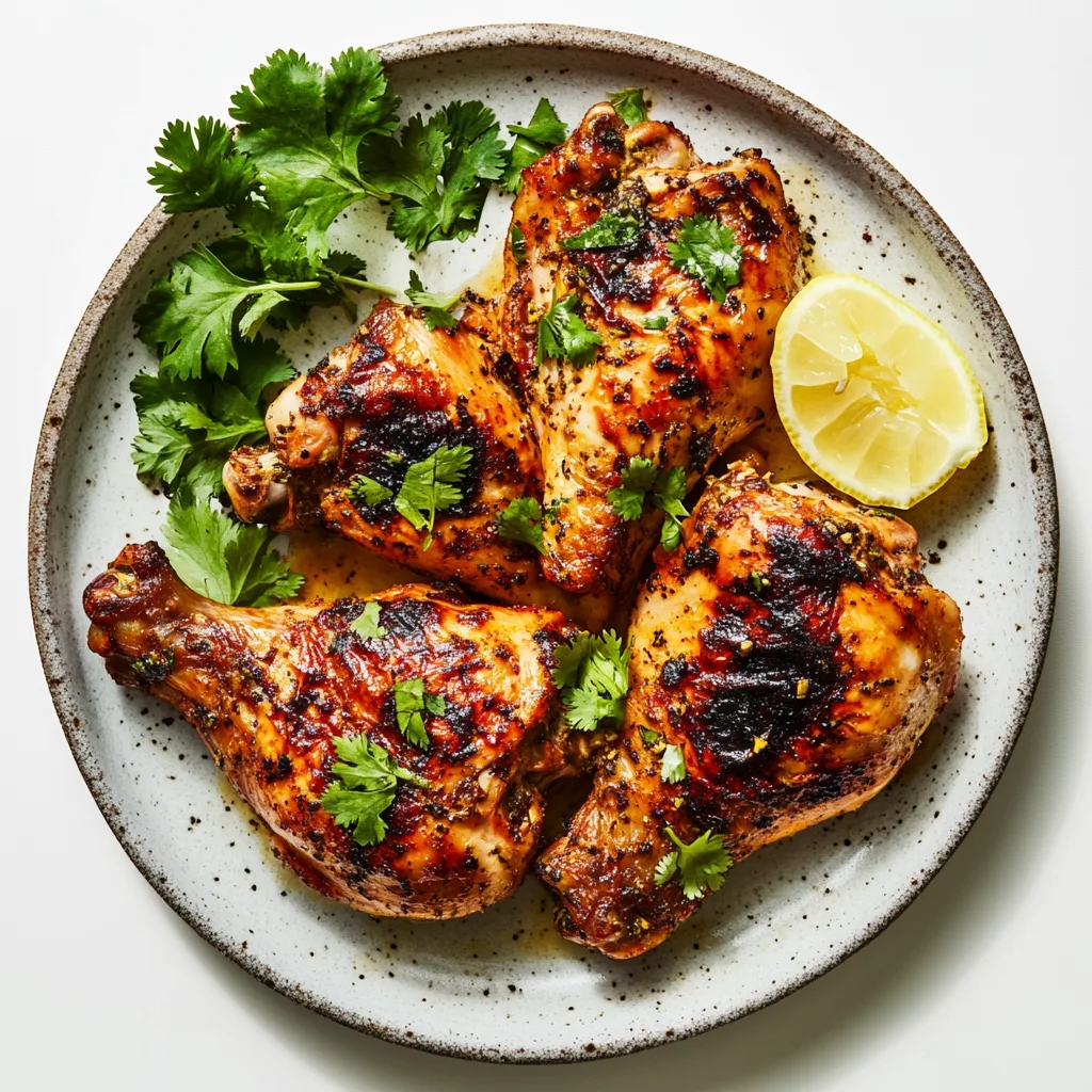 Flat-lay view of a plate with simple roasted chicken and pollo asado, with garnishes.