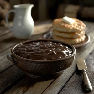 A bowl of chocolate gravy with biscuits on a wooden table