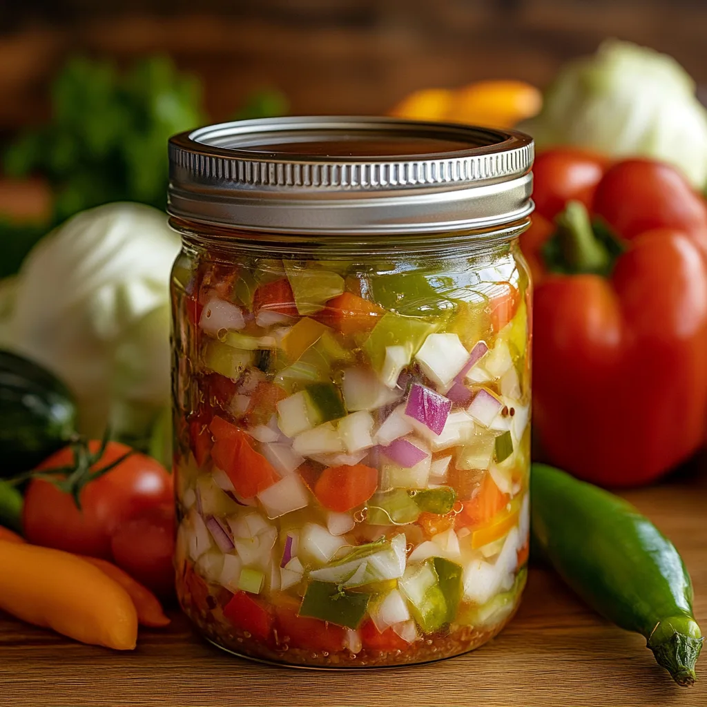 Jar of chunky chow chow relish surrounded by fresh green tomatoes, cabbage, peppers, and onions on a wooden table.