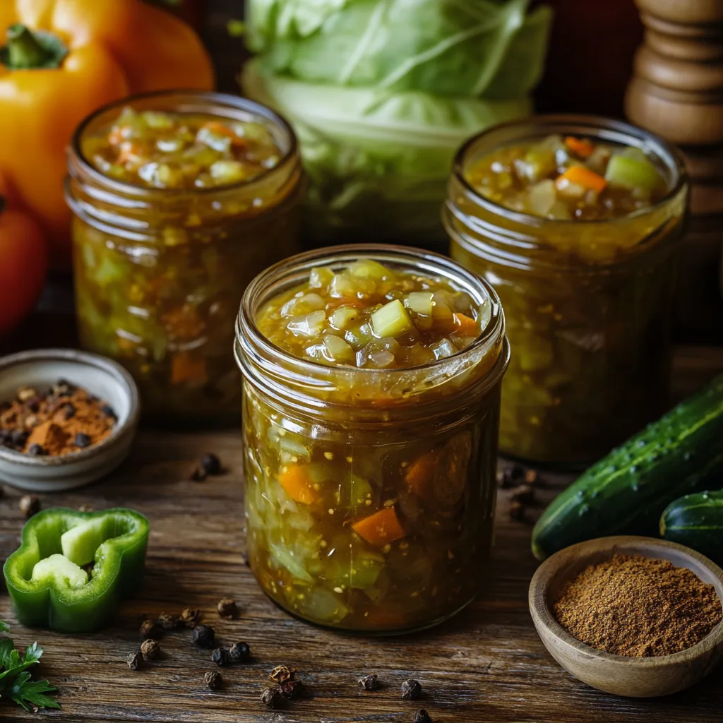 Homemade Chow Chow relish in glass jars surrounded by fresh vegetables.