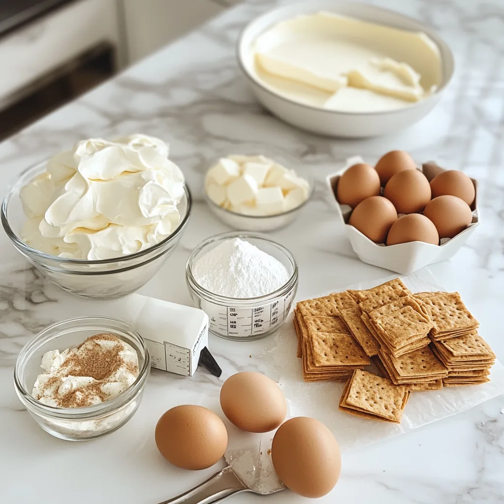 Ingredients for churro cheesecake, including cream cheese, graham crackers, cinnamon, sugar, and eggs, arranged on a kitchen counter.