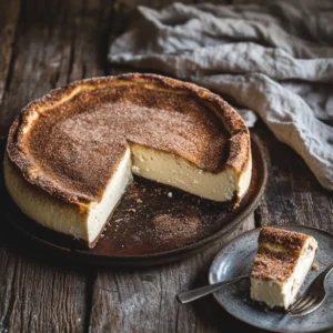 A full churro cheesecake with a slice cut out, showing the creamy filling and cinnamon sugar topping.