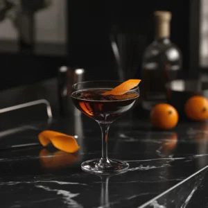 A freshly made Black Manhattan cocktail with an orange peel garnish.