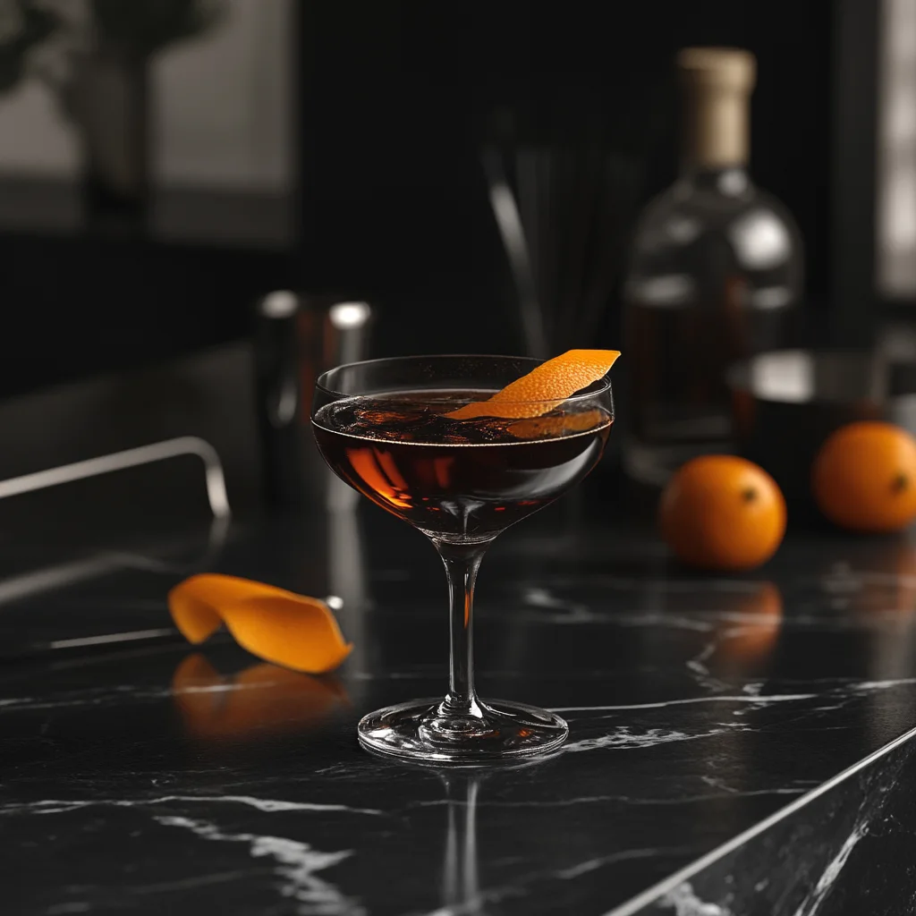 A freshly made Black Manhattan cocktail with an orange peel garnish.