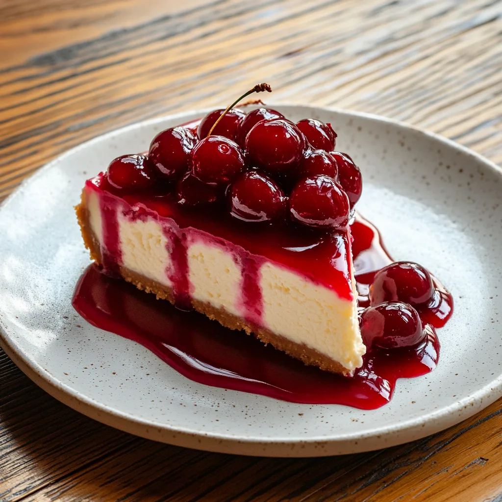 A freshly prepared cherry cheesecake on a white plate with vibrant red topping.