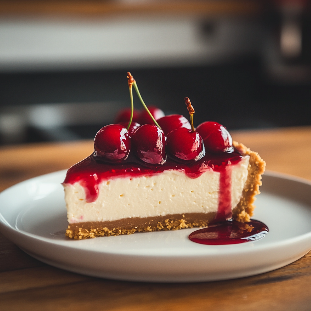 A perfectly baked cherry cheesecake with vibrant red cherry topping on a white plate.