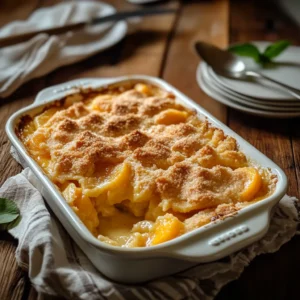 A golden peach cobbler in a baking dish with a scoop missing