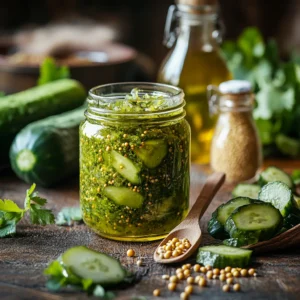 Close-up of bright green pickle relish in a jar with fresh cucumbers, mustard seeds, and vinegar on a rustic kitchen table.