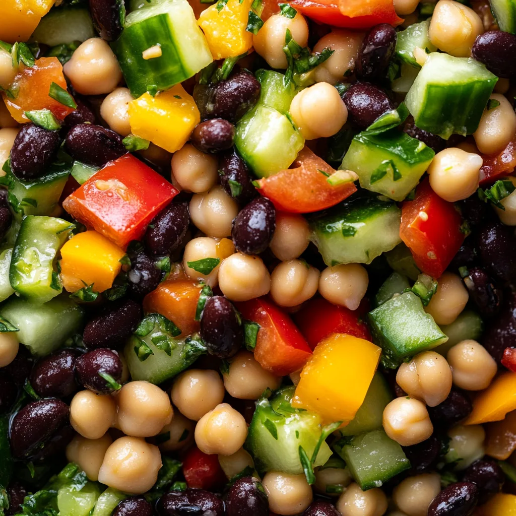 Colorful dense bean salad with fresh vegetables and a drizzle of dressing.