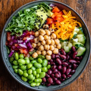 An overhead view of a vibrant salad featuring different types of beans, fresh vegetables, and a light dressing, showcasing a nutritious and delicious meal option.