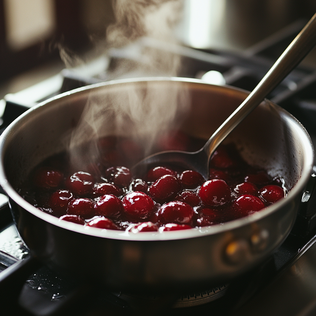 A saucepan with fresh cherries simmering into a topping.