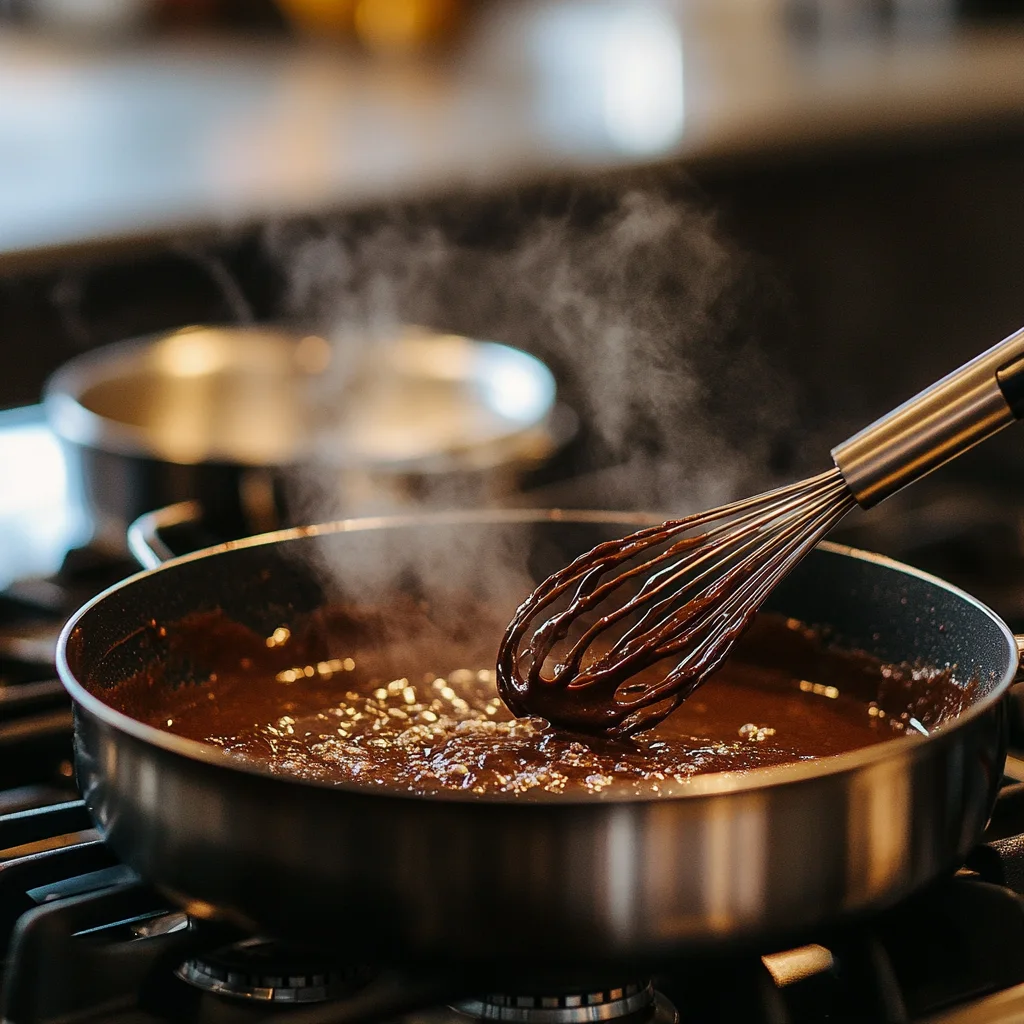 Cooking chocolate gravy in a saucepan on the stove