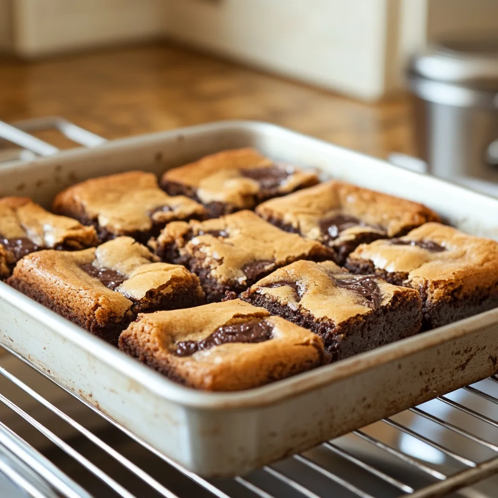 Brookies cooling in a pan on a wire rack, ready to be sliced.