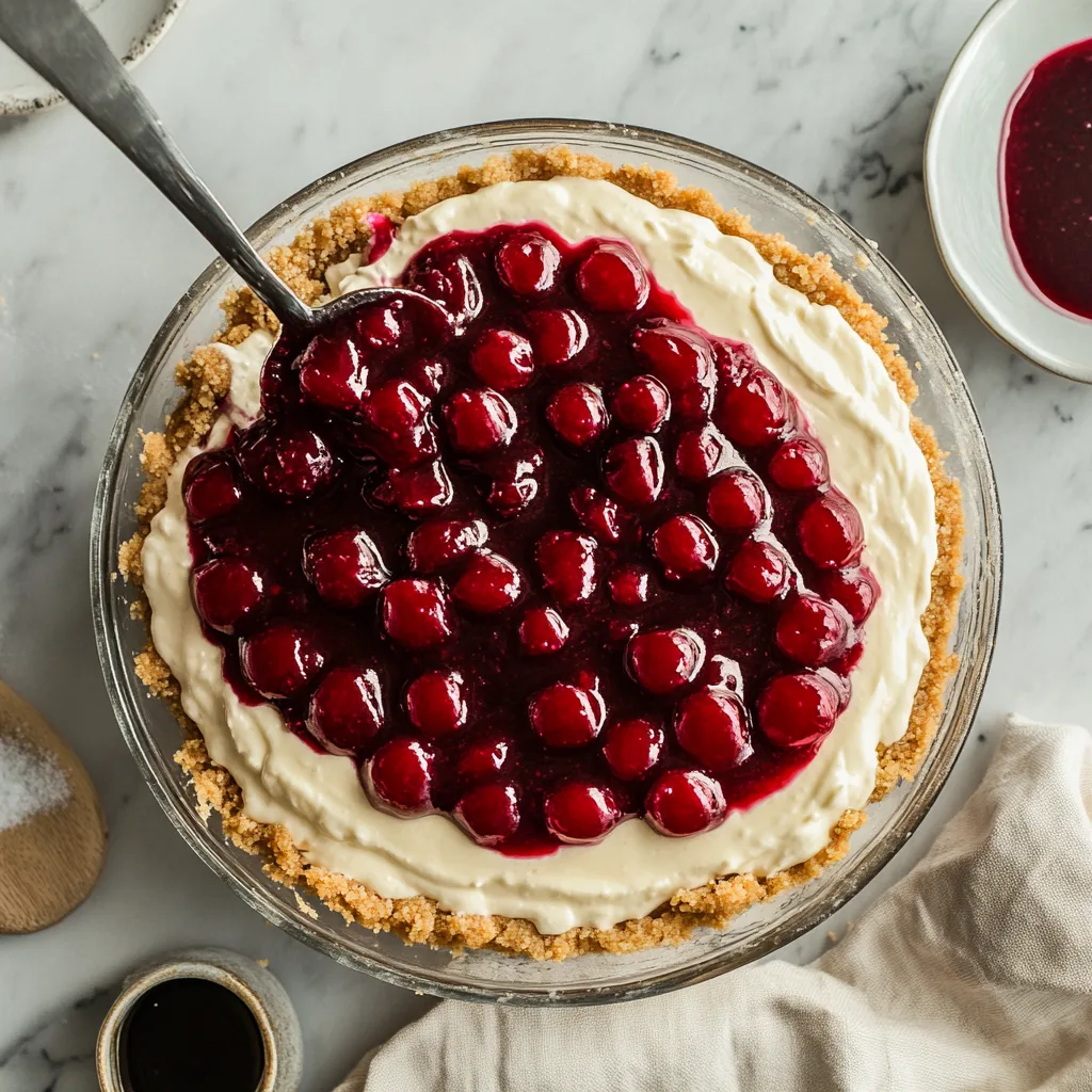 Cream cheese filling being poured over a crust.