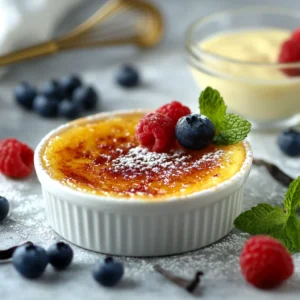 Crème brûlée with a caramelized sugar crust next to a bowl of custard with a spoon.