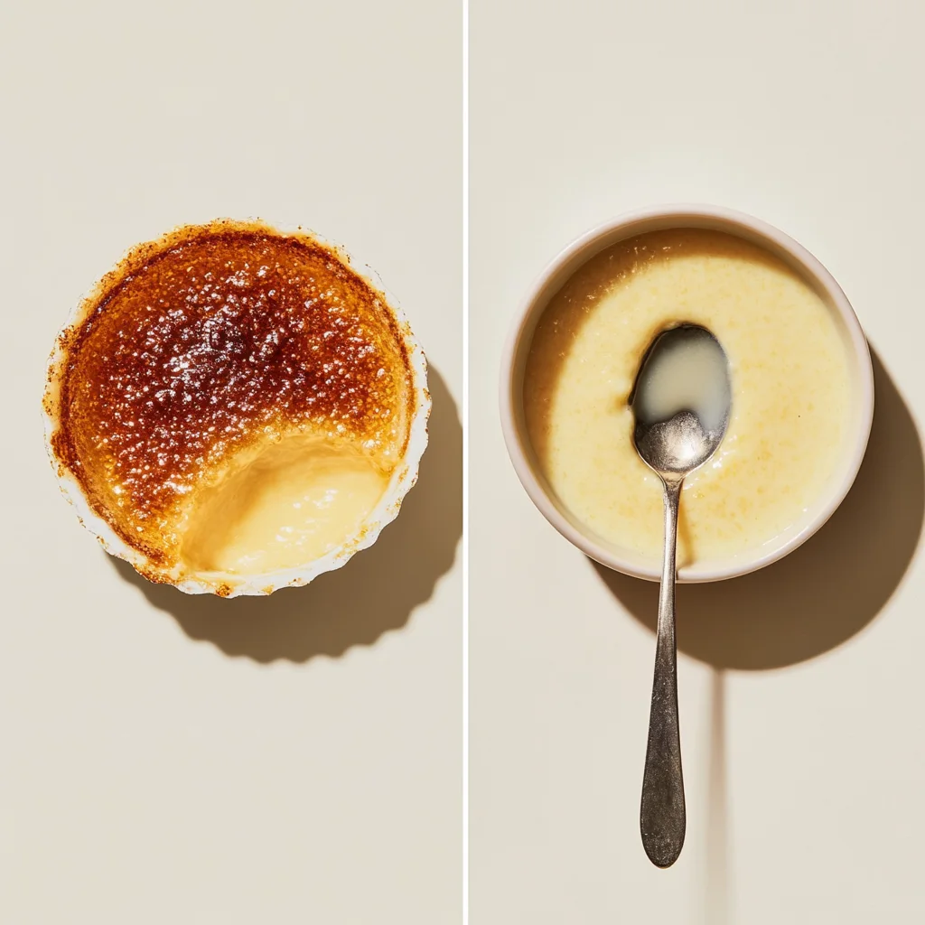 A visual comparison of crème brûlée and custard with text annotations.