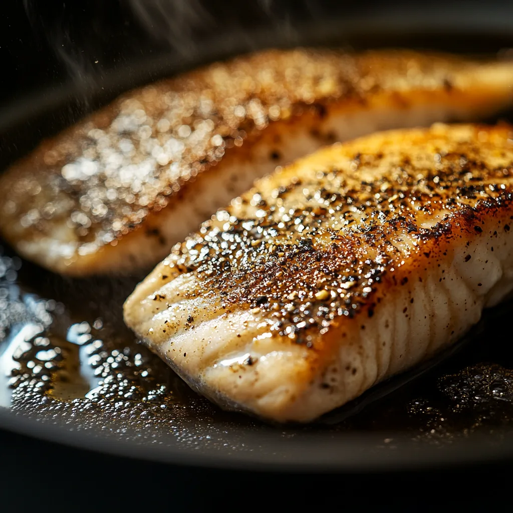 Crispy pan-seared branzino skin sizzling in a skillet.