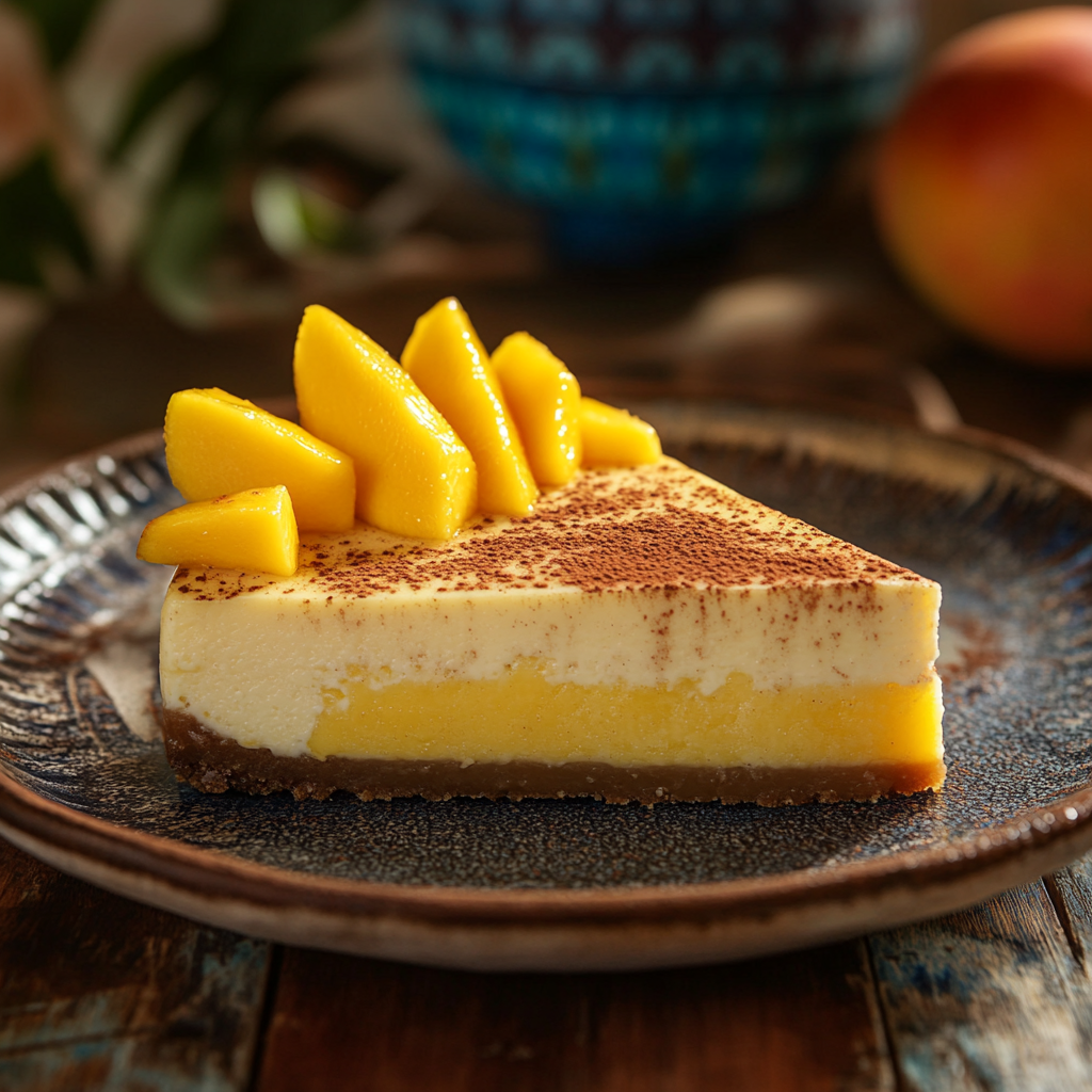 Slice of Mexican cheesecake topped with cajeta, fresh mango slices, and cinnamon on a rustic wooden table