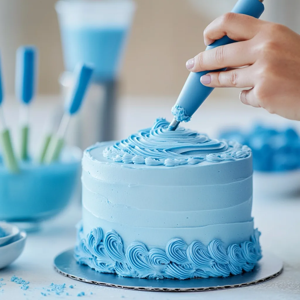 Close-up of hands piping blue frosting onto a cake with various cake decorating supplies visible.