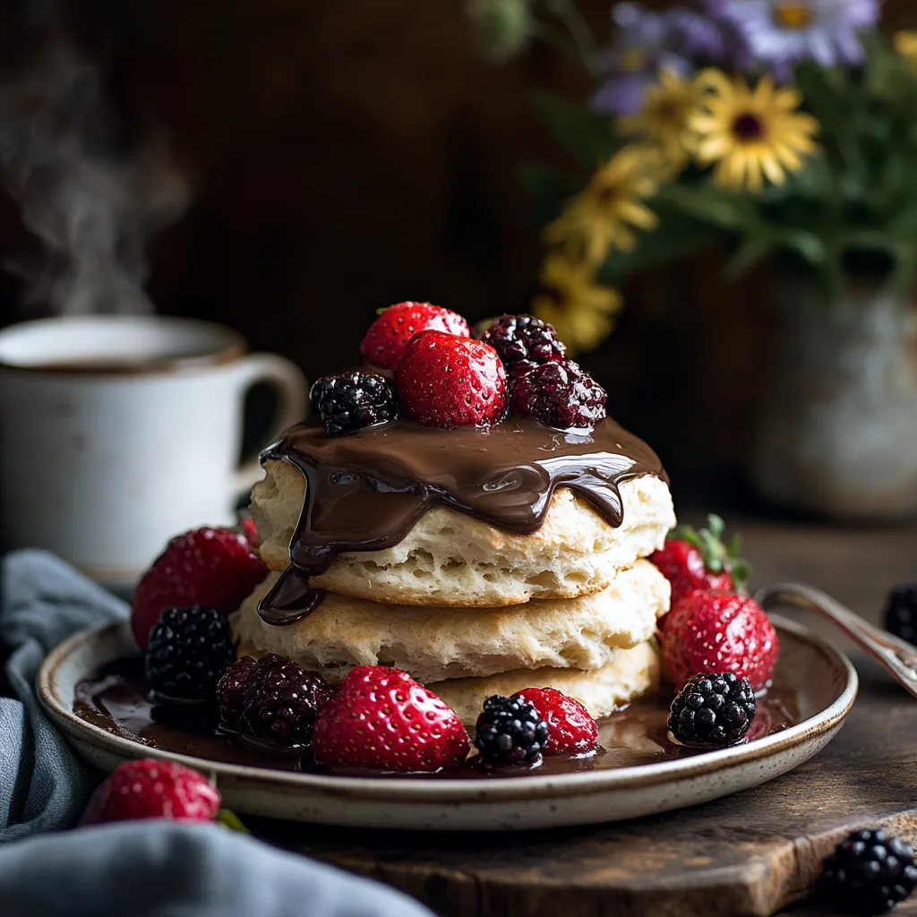 Stack of fluffy biscuits drizzled with thick, glossy chocolate gravy on a breakfast table with fresh berries and coffee, illuminated by natural morning light