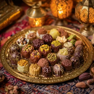 A luxurious assortment of Dubai-inspired chocolates with dates, pistachios, and saffron on a gold platter.